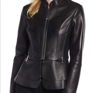 Tahari Thea Peplum Hem Leather Jacket - black